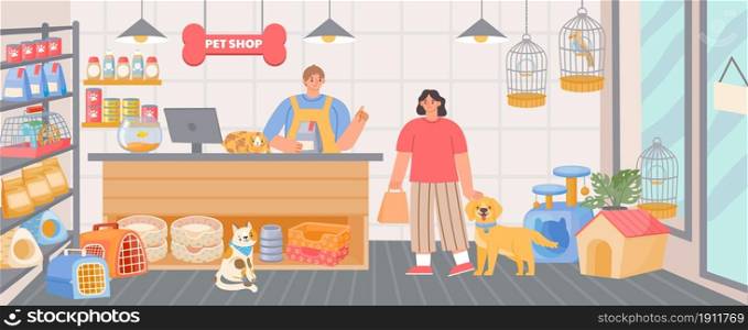 Pet shop inside interior with cashier and customer with dog. Animal food, accessory and toys in store. Cartoon zoo supermarket vector scene. Customer buying food for domestic animal. Pet shop inside interior with cashier and customer with dog. Animal food, accessory and toys in store. Cartoon zoo supermarket vector scene