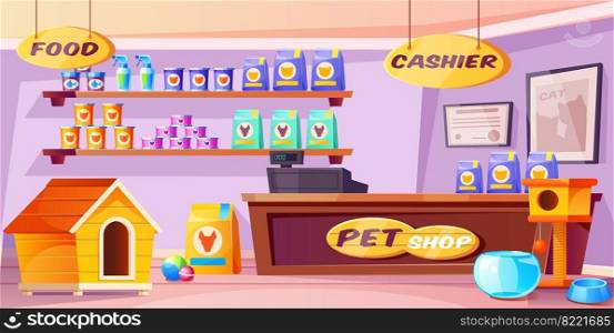Pet shop interior, domestic animal store with counter desk, accessories, food, cat and dog houses, toys, tin cans on shelves. Inner view of petshop supermarket with nobody. Cartoon vector illustration. Pet shop interior, domestic animal store with desk
