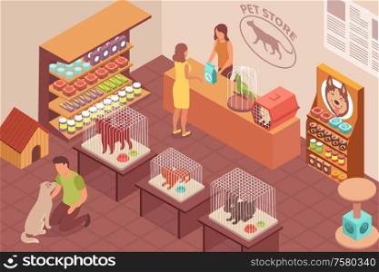 Pet shop isometric background with parrot cat dog and rabbit in cages seller and visitors vector illustration