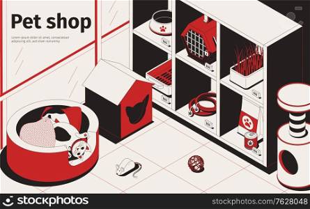 Pet shop isometric background with text and store shelves goods on sale with toys cradles food vector illustration