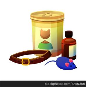 Pet shop items collection, canned bottle, dog-leash and mouse toy for cats, animal care products or objects set isolated cartoon vector illustration.. Pet Shop Items Collection, Vector Illustration