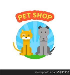 Pet shop logo with sitting dog and cat flat vector illustration. Pet Shop Logo
