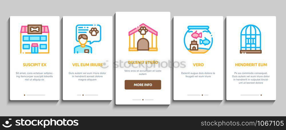 Pet Shop Onboarding Mobile App Page Screen Vector Thin Line. Shop Building And Aquarium, Bowl And Collar, Gaming Accessory And Medicaments Concept Linear Pictograms. Contour Illustrations. Pet Shop Onboarding Elements Icons Set Vector