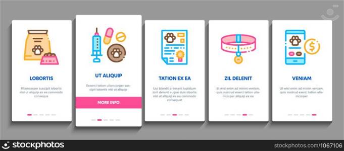 Pet Shop Onboarding Mobile App Page Screen Vector Thin Line. Shop Building And Aquarium, Bowl And Collar, Gaming Accessory And Medicaments Concept Linear Pictograms. Contour Illustrations. Pet Shop Onboarding Elements Icons Set Vector