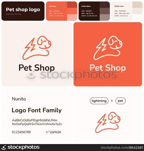 Pet shop orange line business logo. Brand name. Training course. Dog silhouette with lightning symbol. Design element. Fun visual identity. Nunito font used. Suitable for animal shelter, pet trainer. Pet shop orange line business logo
