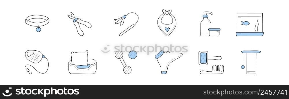Pet shop production doodle icons animal collar, scissors, cat toy and bandana. Fish, cosmetics bottles, leash, mat with pillow, clothes and comb with scratching post isolated Linear vector signs set. Pet shop production doodle icons, vector signs set