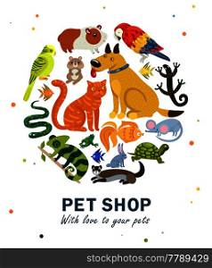 Pet shop round composition with various animals on white background with colorful spots vector illustration. Pet Shop Round Composition