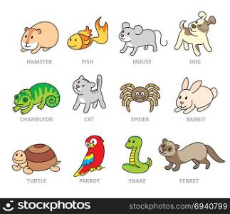 Pet shop, set types of pets, cartoon illustrations animals. Logo, pictogram, infographic elements