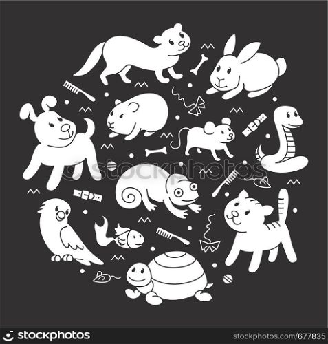 Pet shop silhouette, types of pets in circle template, cartoon illustrations animals in line style. Logo, pictogram, infographic elements