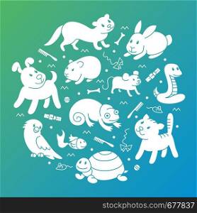 Pet shop silhouette, types of pets in circle template, cartoon illustrations animals in line style. Logo, pictogram, infographic elements