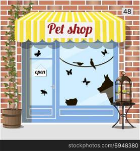 pet shop store. Pet shop building.Facade of red brick. Barrel with birdcage on it at the fore, Cat, dog, birds and butterfly stickers on window. Vector illustration EPS10