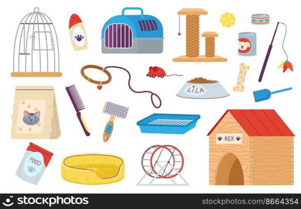 Pet shop tools. Dog hairstyling tools, parrot cage and cat accessories. Cartoon pets carriers and toy, isolated animal styling service decent vector elements of pet grooming instruments illustration. Pet shop tools. Dog hairstyling tools, parrot cage and cat accessories. Cartoon pets carriers and toy, isolated animal styling service decent vector elements