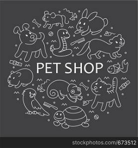 Pet shop, types of pets in circle template, cartoon illustrations animals in line style. Logo, pictogram, infographic elements
