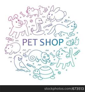 Pet shop, types of pets in circle template, cartoon illustrations animals in line style. Logo, pictogram, infographic elements