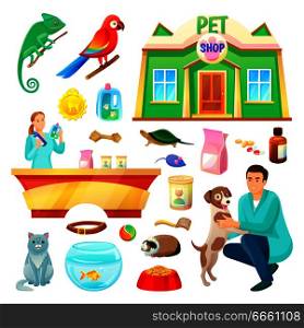Pet shop with fluffy cat, friendly dog, exotic animals, special medicines and food, rubber toys, counter with saleswoman and vet vector illustrations.. Pet Shop Illustrations with Animals and Products
