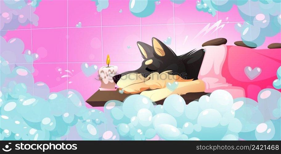 Pet spa salon with cute dog lying with towel and stones. Vector cartoon illustration of grooming service for domestic animals. Happy dog relax in bathroom with soap foam and candle. Pet spa salon, grooming service with cute dog