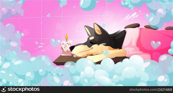 Pet spa salon with cute dog lying with towel and stones. Vector cartoon illustration of grooming service for domestic animals. Happy dog relax in bathroom with soap foam and candle. Pet spa salon, grooming service with cute dog