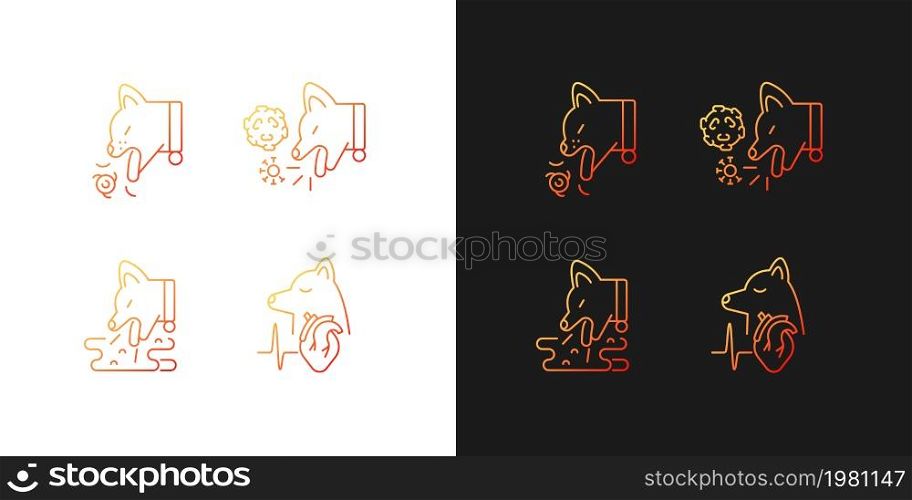 Pet stomach illness gradient icons set for dark and light mode. Animals gastric diseases. Thin line contour symbols bundle. Isolated vector outline illustrations collection on black and white. Pet stomach illness gradient icons set for dark and light mode