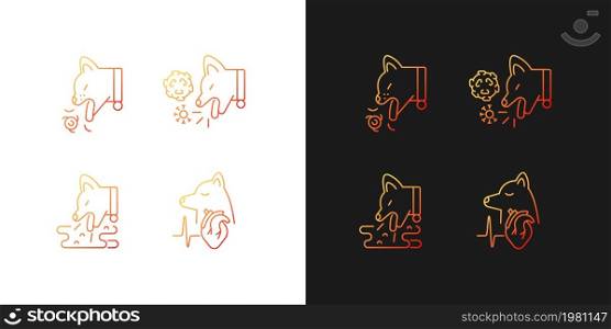 Pet stomach illness gradient icons set for dark and light mode. Animals gastric diseases. Thin line contour symbols bundle. Isolated vector outline illustrations collection on black and white. Pet stomach illness gradient icons set for dark and light mode
