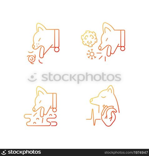 Pet stomach illness gradient linear vector icons set. Vomiting and kennel cough problems. Domestic animals diseases. Thin line contour symbols bundle. Isolated outline illustrations collection. Pet stomach illness gradient linear vector icons set