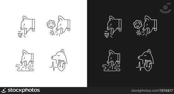 Pet stomach illness linear icons set for dark and light mode. Internal organs sickness. Domestic animals disease. Customizable thin line symbols. Isolated vector outline illustrations. Editable stroke. Pet stomach illness linear icons set for dark and light mode