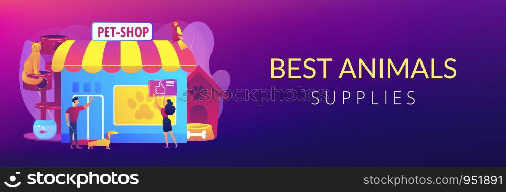 Pet store, dog care. Animal products. People shopping for their pets. Animals shop, best animals supplies, pet goods e-shop concept. Header or footer banner template with copy space.. Animals shop concept banner header