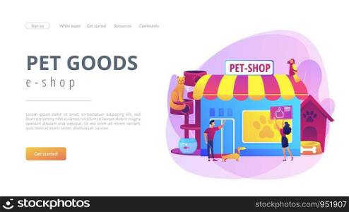 Pet store, dog care. Animal products. People shopping for their pets. Animals shop, best animals supplies, pet goods e-shop concept. Website homepage landing web page template.. Animals shop concept landing page