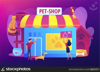 Pet store, dog care. Animal products. People shopping for their pets. Animals shop, best animals supplies, pet goods e-shop concept. Bright vibrant violet vector isolated illustration. Animals shop concept vector illustration