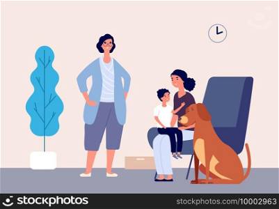 Pet therapy. Animal physical therapists, pets children rehabilitation. Kid with mother, dog and dog handler vector illustration. Pet dog and child boy, medical assistance therapy. Pet therapy. Animal physical therapists, pets children rehabilitation. Kid with mother, dog and dog handler vector illustration