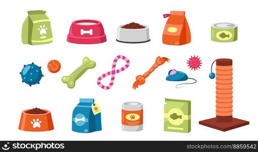 Pet toys. Colorful cartoon accessory products for dogs or cats, assortment of veterinary shop for domestic animals. Vector flat isolated collection. Plastic bowls with dry and wet meals, accessories. Pet toys. Colorful cartoon accessory products for dogs or cats, assortment of veterinary shop for domestic animals. Vector flat isolated collection