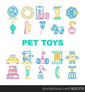Pet Toys For Enjoyment Animal Icons Set Vector. Hamster Wheel And Inflatable Couch For Dog, Interactive Digital Pet Toys And Electronic Laser Gadget For Playing Line. Color Illustrations. Pet Toys For Enjoyment Animal Icons Set Vector