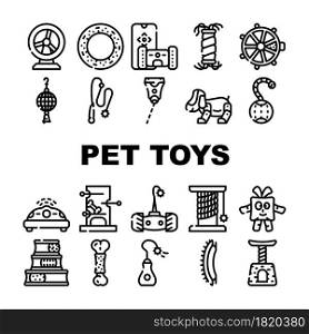 Pet Toys For Enjoyment Animal Icons Set Vector. Hamster Wheel And Inflatable Couch For Dog, Interactive Digital Pet Toys And Electronic Laser Gadget For Playing Contour Illustrations. Pet Toys For Enjoyment Animal Icons Set Vector