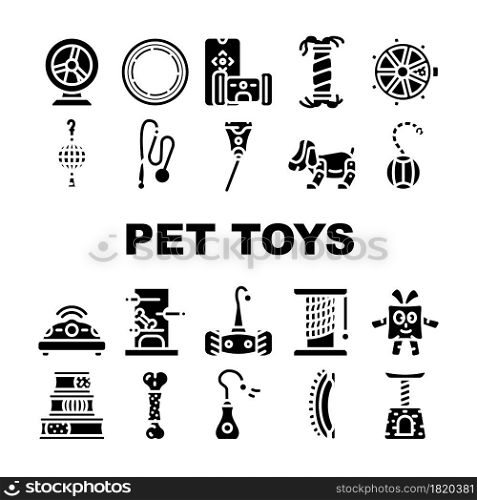 Pet Toys For Enjoyment Animal Icons Set Vector. Hamster Wheel And Inflatable Couch For Dog, Interactive Digital Pet Toys And Electronic Laser Gadget For Playing Glyph Pictograms Black Illustrations. Pet Toys For Enjoyment Animal Icons Set Vector
