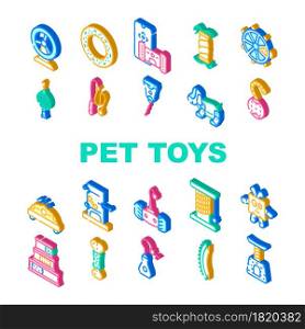 Pet Toys For Enjoyment Animal Icons Set Vector. Hamster Wheel And Inflatable Couch For Dog, Interactive Digital Pet Toys And Electronic Laser Gadget For Playing Isometric Sign Color Illustrations. Pet Toys For Enjoyment Animal Icons Set Vector