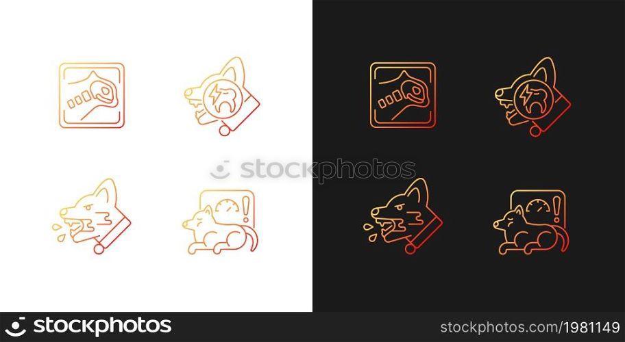 Pet treatment gradient icons set for dark and light mode. Domestic animals illness. Thin line contour symbols bundle. Isolated vector outline illustrations collection on black and white. Pet treatment gradient icons set for dark and light mode