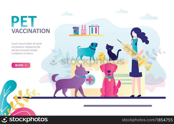 Pet vaccination landing page. Veterinarian holding syringe for vaccinations. Concept of veterinary, animal protection and pet healthcare. Vet clinic or hospital. Website template. Vector illustration. Pet vaccination landing page. Veterinarian holding syringe for vaccinations. Concept of veterinary, animal protection and pet healthcare