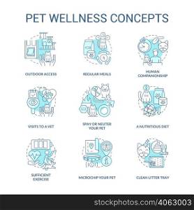 Pet wellness turquoise concept icons set. Feline and canine wellbeing idea thin line color illustrations. Regular meals. Isolated symbols. Editable stroke. Roboto-Medium, Myriad Pro-Bold fonts used. Pet wellness turquoise concept icons set