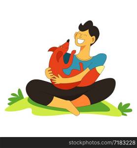 Pet with owner male cuddling with fox vector. Man sitting on lawn grass and hugging mammal domesticated animal with long and furry tail. Cheerful person and predator resting outdoor in summer. Pet with owner male cuddling with fox vector