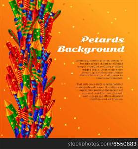 Petards background in cartoon style flat design. Collection of pyrotechnics colorful rockets, firecrackers and sparkler firework elements web banner with New Year attributes. Vector illustration. Petards Background. Pyrotechnics. Colorful Rockets