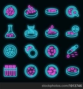 Petri dish icons set. Outline set of petri dish vector icons neon color on black. Petri dish icons set vector neon