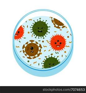 Petri dish with cartoon microbes. Bacteria and virus microbiology, vector illustration. Petri dish with cartoon microbes