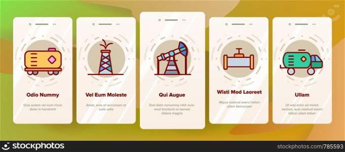 Petrochemical Industry Vector Onboarding Mobile App Page Screen. Petrochemical Product, Oil, Petroleum Production Linear Pictogram Oil-derrick, Gas Station, Petrol Storage Transportation Illustrations. Petrochemical Industry Vector Onboarding