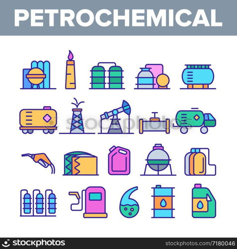 Petrochemical Industry Vector Thin Line Icons Set. Petrochemical Product, Oil, Petroleum Production Linear Pictograms. Oil-derrick, Gas Station, Petrol Storage and Transportation Contour Illustrations. Petrochemical Industry Vector Color Line Icons Set
