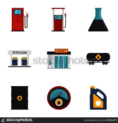 Petrol fuel icon set. Flat set of 9 petrol fuel vector icons for web design. Petrol fuel icon set, flat style