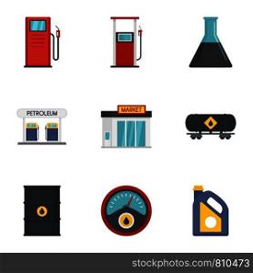 Petrol fuel icon set. Flat set of 9 petrol fuel vector icons for web design. Petrol fuel icon set, flat style