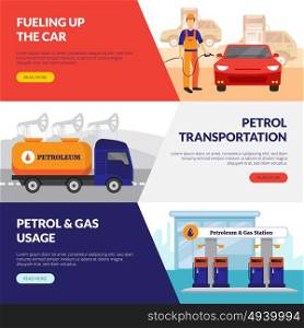 Petrol Station Banners Set . Petrol station horizontal banners set with gas usage symbols flat isolated vector illustration
