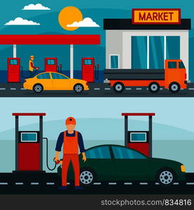 Petrol station gas fuel shop banner concept set. Flat illustration of 2 petrol station gas fuel shop vector banner horizontal concepts for web. Petrol station gas banner concept set, flat style