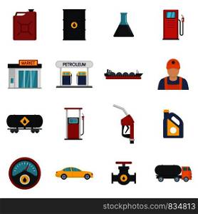 Petrol station gas fuel shop icons set. Flat illustration of 16 petrol station gas fuel shop vector icons isolated on white. Petrol station gas fuel shop icons set, flat style