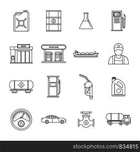 Petrol station gas fuel shop icons set. Outline illustration of 16 petrol station gas fuel shop vector icons for web. Petrol station gas fuel icons set, outline style