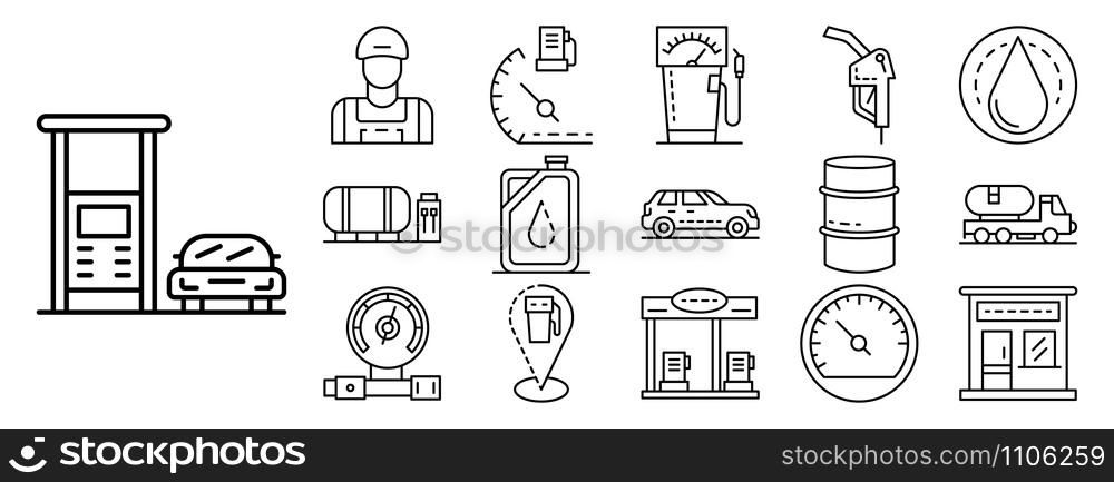 Petrol station icon set. Outline set of petrol station vector icons for web design isolated on white background. Petrol station icon set, outline style